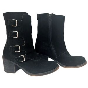 JL J. Litvack Moto Boots Booties Black Suede Four Buckle Chunky Stacked Heel
